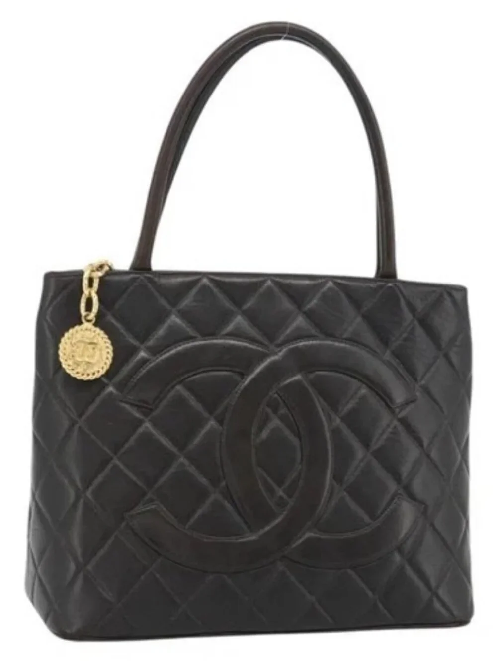 CHANEL Matelasse Reprint Tote Bag Lamb Skin Black Gold CC Auth 181711A